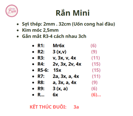 công thức móc len con rắn 90cm